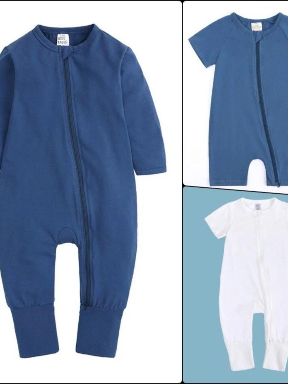 3pcs Baby Romper Sleeper Mittens Footed/Less Double Zip Cotton Blue White 3-24m